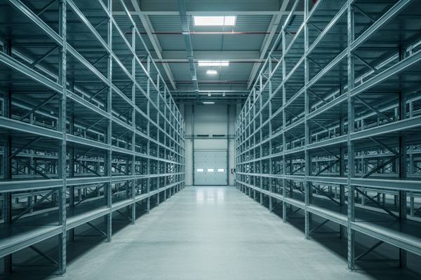 Пустой современный склад с металлическими стеллажами — отражение снижения спроса на складскую недвижимость в России в 2025 году