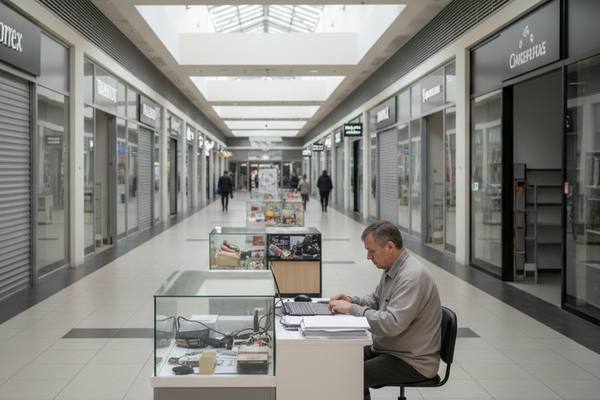 Почти пустой торговый центр с закрытыми витринами и маленьким островком, где предприниматель считает бумаги, иллюстрация давления НДС на малый ритейл и арендаторов ТЦ.