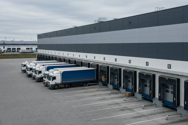 Современный логистический складской комплекс в Санкт-Петербурге, грузовики у рамп, осенняя погода — снижение ставок аренды складов класса А в 2025 году