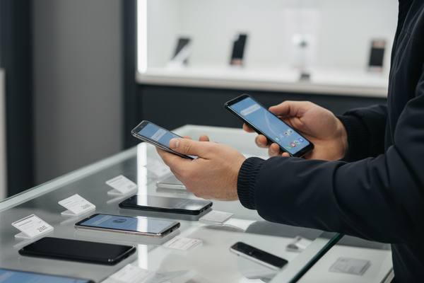 Покупатель рассматривает недорогие смартфоны и планшеты в торговом зале российской сети электроники