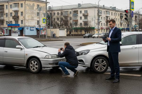 Мужчина фотографирует повреждение автомобиля после ДТП, рядом страховой агент оформляет документы — сцена страхового случая на улице Хабаровска.