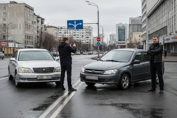 Два автомобиля после ДТП на улице Владивостока, водители фиксируют аварию для страхового случая