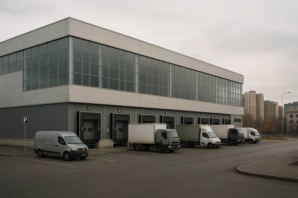 Фасад логистического терминала с доками и грузовыми автомобилями, иллюстрирующий переоборудование торговых центров под складские площади