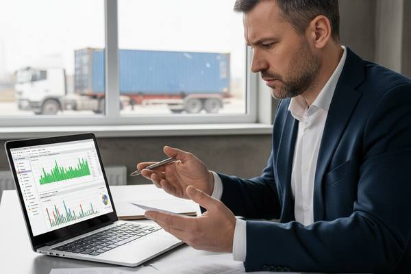 Логистическая компания: менеджер просматривает финансовые документы на фоне грузовика и ноутбука