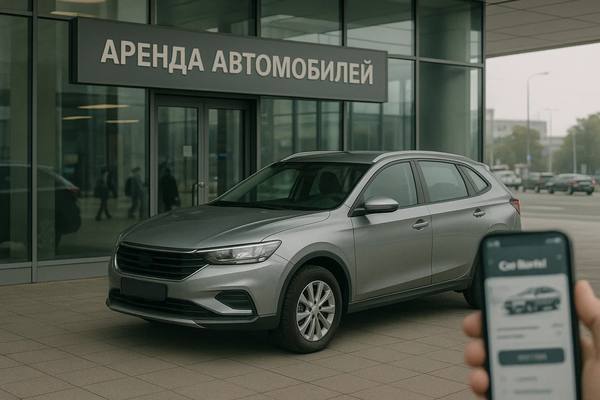 Современный кроссовер возле стойки аренды автомобилей в деловом центре, на переднем плане — смартфон с приложением проката авто; символ интеграции онлайн-агрегаторов с офлайн-мобильностью в России