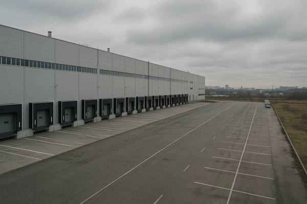Современный логистический склад с пустыми доками и стоянкой на окраине Москвы в пасмурную погоду — символ роста вакансии на рынке складской недвижимости