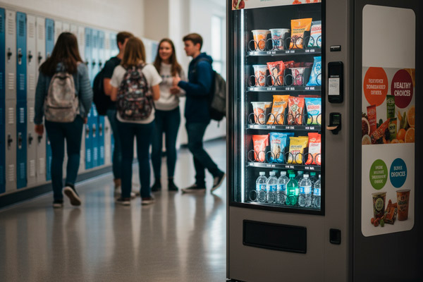 Вендинговый автомат в школьном коридоре с выбором полезных продуктов — контекст фото для статьи о регулировании вендинга в образовательных учреждениях