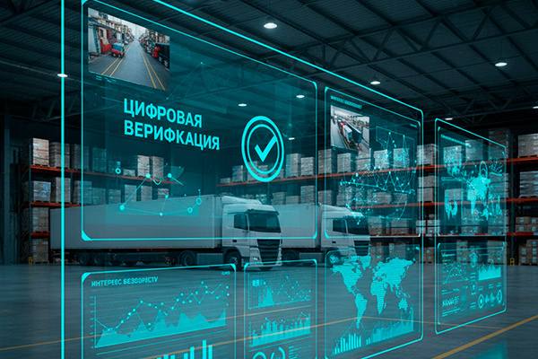 Интерфейс платформы ATI.SU с отмеченными верифицированными пользователями, логистический центр на фоне цифрового экрана