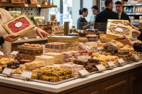 Покупатели рассматривают витрину с восточными сладостями в продуктовом ритейле на фоне постера турецкого сериала