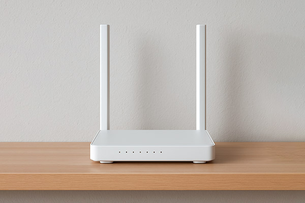 Белый Wi-Fi-роутер с двумя антеннами на деревянной полке — символ роста спроса на домашние сетевые устройства в России