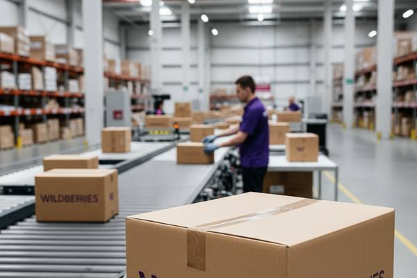 Фирменная упаковка Wildberries на складе маркетплейса на фоне логистических процессов