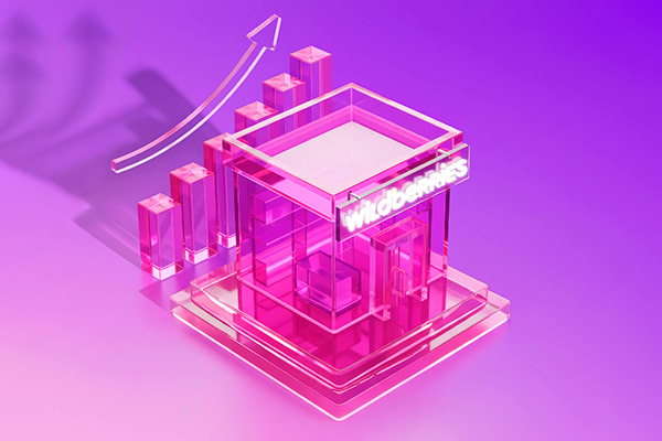 3D-иллюстрация розового пункта выдачи заказов Wildberries на фоне растущего графика, символ увеличения числа партнёрских ПВЗ маркетплейса