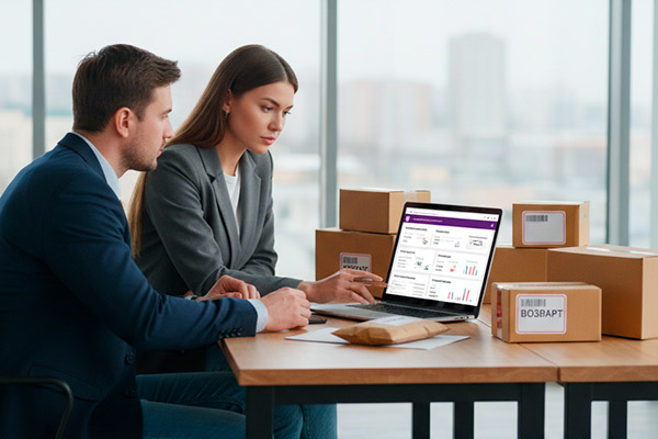 Селлер маркетплейса и специалист по страхованию за ноутбуком с аналитикой заказов и возвратов, на столе коробки с маркировкой «возврат» — обсуждение страховки от логистических рисков