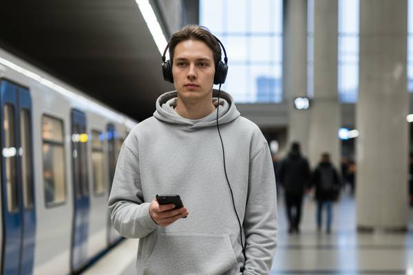 Молодой человек в общественном транспорте слушает музыку в проводных наушниках — рост спроса на недорогие модели среди россиян до 30 лет в 2025 году