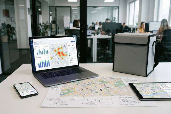 Рабочее место с ноутбуком, смартфоном, планшетом и логистическими картами, демонстрирующее цифровую аналитическую модель оптимизации маршрутов экспресс-доставки