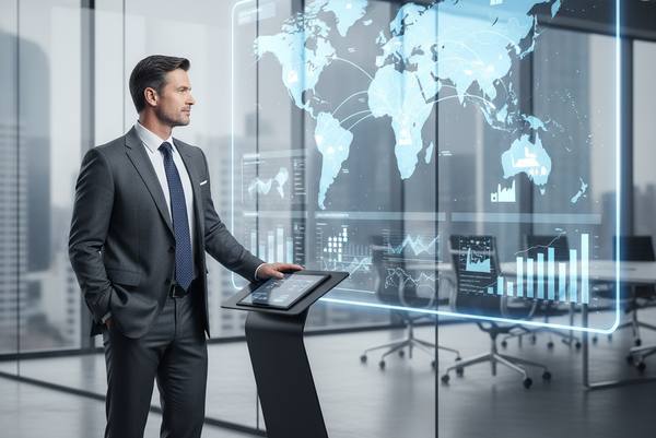 Директор по логистике в офисе крупной компании на фоне схемы цепочки поставок — символ роста стратегической важности профессии