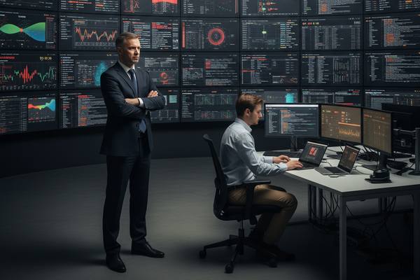 Руководитель по информационной безопасности и аналитик SOC работают в центре кибербезопасности перед стеной мониторов с множеством разрозненных ИБ-панелей и алертов