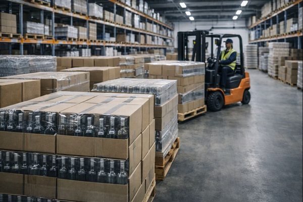 Складской распределительный центр алкогольной продукции с паллетами бутылок и погрузчиком