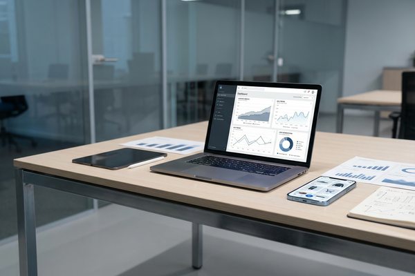 Ноутбук со статистикой и графиками использования мобильных приложений ритейла на столе в офисе; визуализация цифровой аналитики и пользовательских метрик.