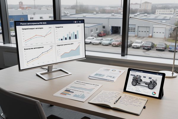Рабочее место аналитика с графиками по рынку автосервисов России за 2025 год на мониторе и планшете, документы и статистика на фоне автосервисной зоны за окном