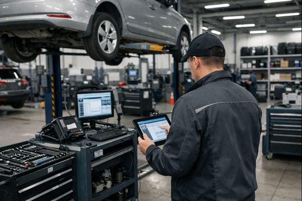 Работа автосервиса: специалист анализирует данные диагностики автомобиля в сервисном центре