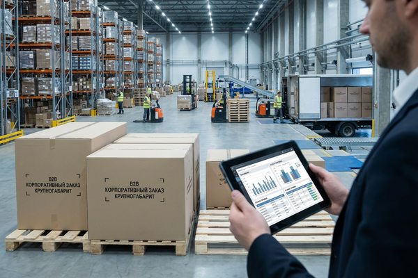 Логист анализирует данные по b2b-заказам на планшете на фоне склада с крупногабаритными корпоративными поставками