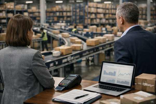 Руководители анализируют платежные потоки и логистику заказов в фулфилмент-центре маркетплейса