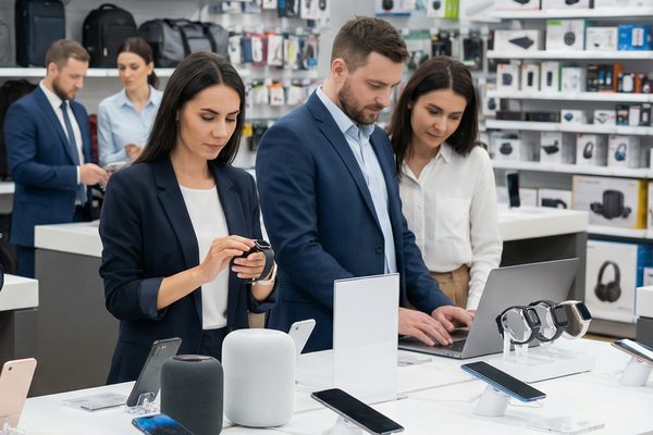 Покупатели осматривают смартфоны, смарт-часы и умные колонки в магазине электроники в период повышенного спроса на фоне распродаж Черной пятницы