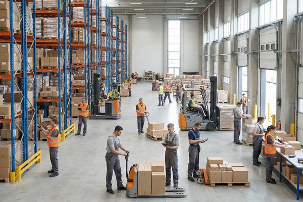 Сотрудники склада выполняют погрузо-разгрузочные и складские операции в распределительном центре