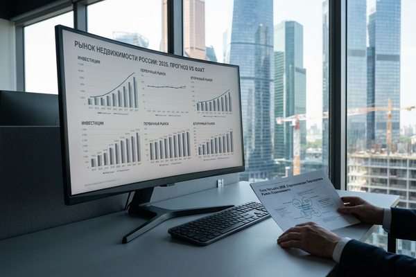 Аналитик изучает графики прогноза и фактической динамики рынка недвижимости России за 2025 год на мониторе в офисе с видом на современный деловой центр