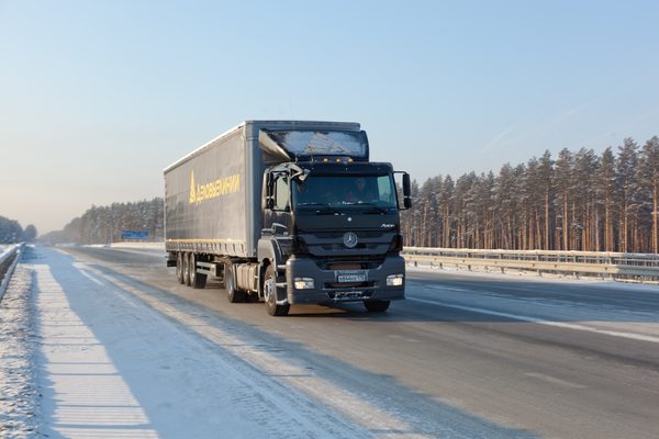 Грузовой автомобиль компании «Деловые Линии» на зимней трассе — междугородние автомобильные перевозки