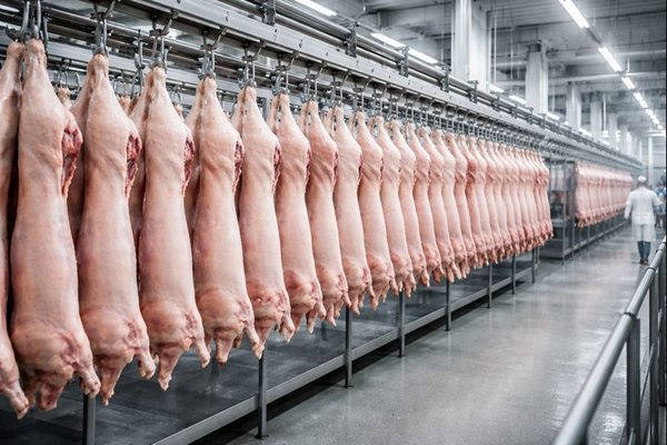 Туши свинины на производственной линии мясоперерабатывающего завода как этап экспортной цепи и контроля холодовой логистики