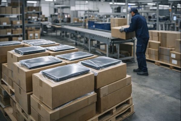 Упакованные ноутбуки и планшеты на складе производителя электроники перед поставкой в розничные сети