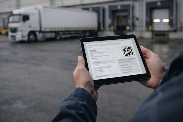 Электронный перевозочный документ с QR-кодом на планшете на фоне грузового терминала