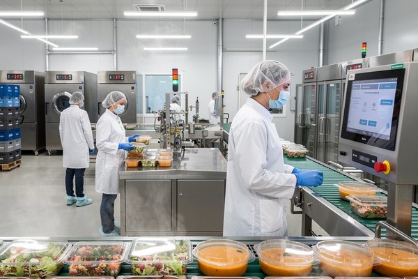 Производственный цех фабрики-кухни: сотрудники в санитарной форме фасуют и упаковывают готовые блюда на автоматизированной линии, работа холодильного оборудования в фоне