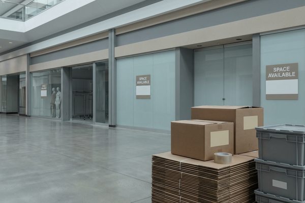 Пустые витрины торгового центра с табличками о доступных площадях и стопками коробок на переднем плане, отражающие сокращение флагманов и рост онлайн-каналов в fashion-ритейле