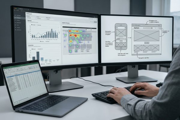 Рабочее место e-commerce-специалиста с аналитикой, тепловыми картами и макетами мобильного интерфейса — иллюстрация проблем онлайн-канала fashion-ритейла