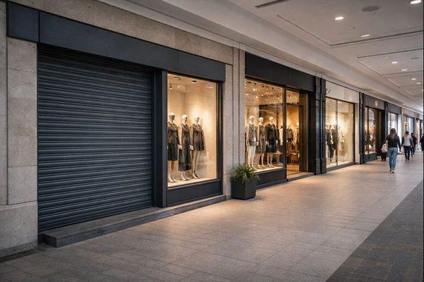 Закрытые и работающие магазины одежды в торговой галерее крупного российского города