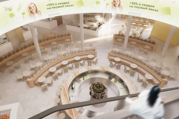 Центральный атриум гастропроекта гастроЦЕХ с радиальной посадкой и барной стойкой, вид сверху, торговая галерея «Чкалов», Москва.