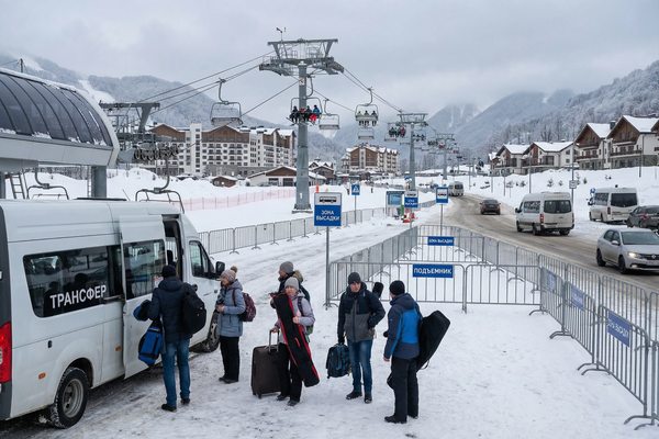 Туристы с багажом и лыжным снаряжением выходят из трансферного микроавтобуса на горнолыжном курорте; на фоне — канатная дорога, отели и зимняя инфраструктура