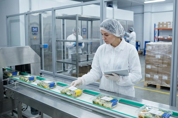 Сотрудник фабрики-кухни проверяет маркировку готовой еды на упаковочной линии в логистическом центре