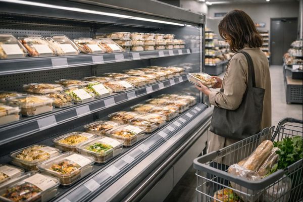 Покупатель выбирает готовые блюда в супермаркете: рост спроса на готовую еду и его влияние на логистику продуктового ритейла
