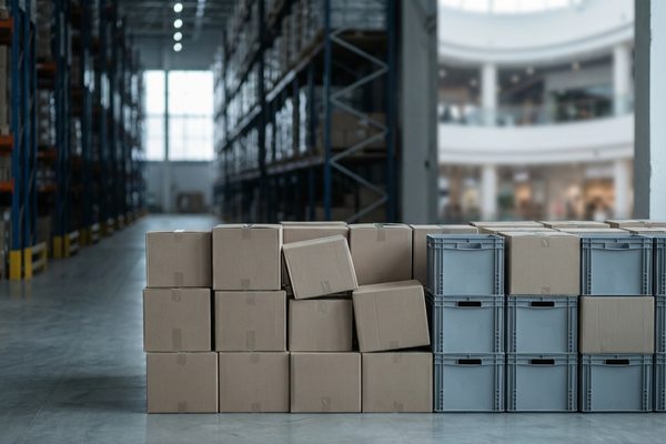 Складские контейнеры и коробки как метафора импульсного спроса и изменений в планировании запасов и логистике