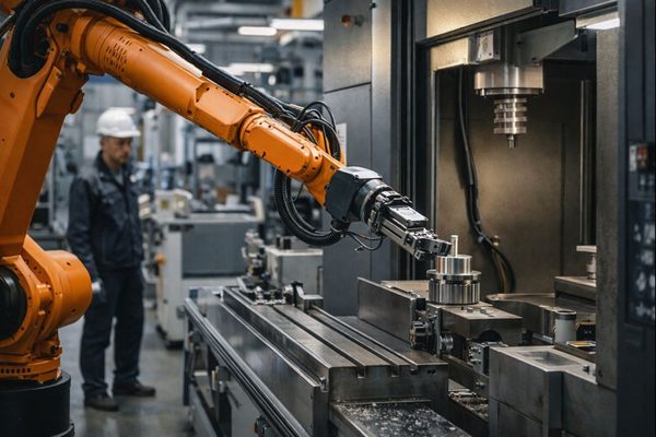 Промышленный робот-манипулятор на производственной линии выполняет загрузку деталей