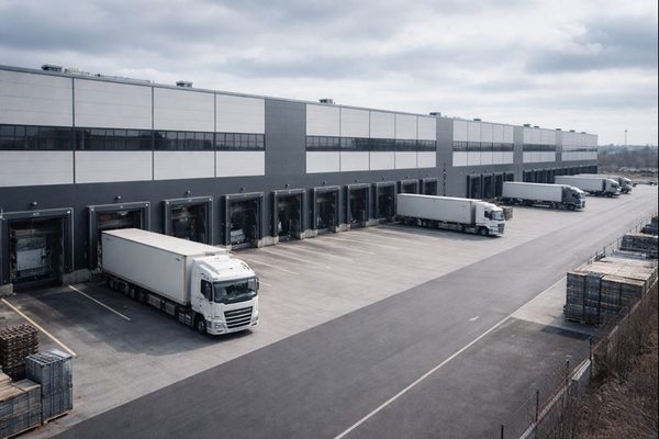 Современный складской логистический комплекс класса A в России с доковыми воротами и грузовыми автомобилями
