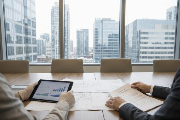 Обсуждение инвестиционной сделки по коммерческой недвижимости в офисе на фоне делового района Москвы