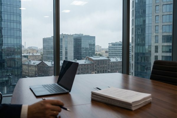 Деловой офис с видом на коммерческую застройку Санкт-Петербурга как символ инвестиционного анализа рынка недвижимости