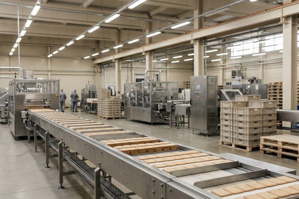 Производственная линия кондитерской фабрики с конвейером и паллетами как пример мощностей для консолидации и оптимизации логистики