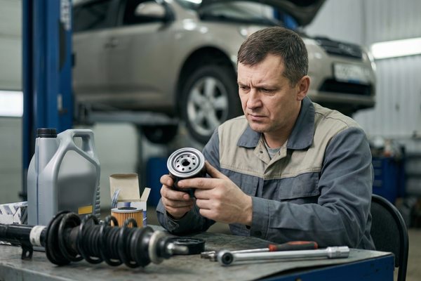 Автомеханик в российском автосервисе проверяет автозапчасть на подлинность перед установкой на автомобиль