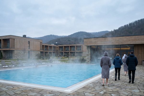 Гости идут к тёплому открытому бассейну на современном всесезонном курорте Краснодарского края, на фоне — деревянные корпуса и горный ландшафт